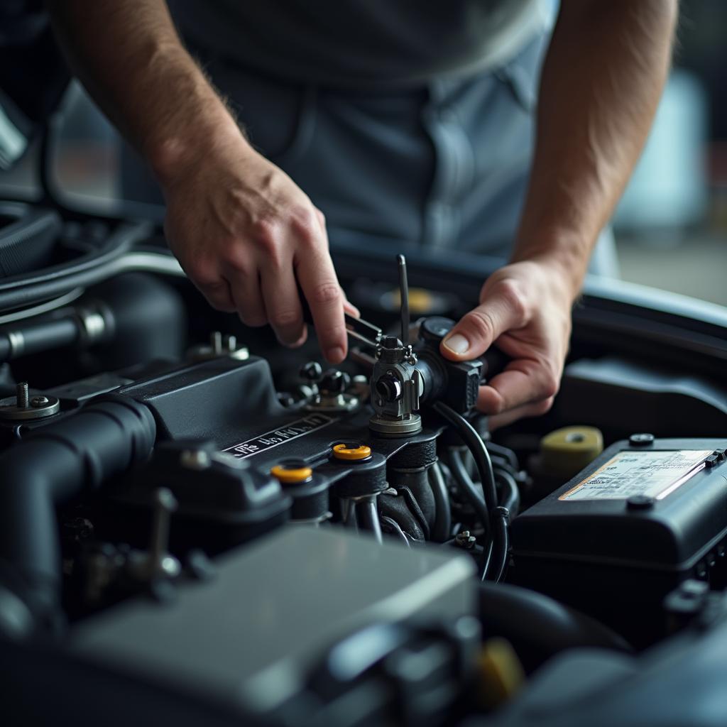 Mechanic working on a car engine in a garage