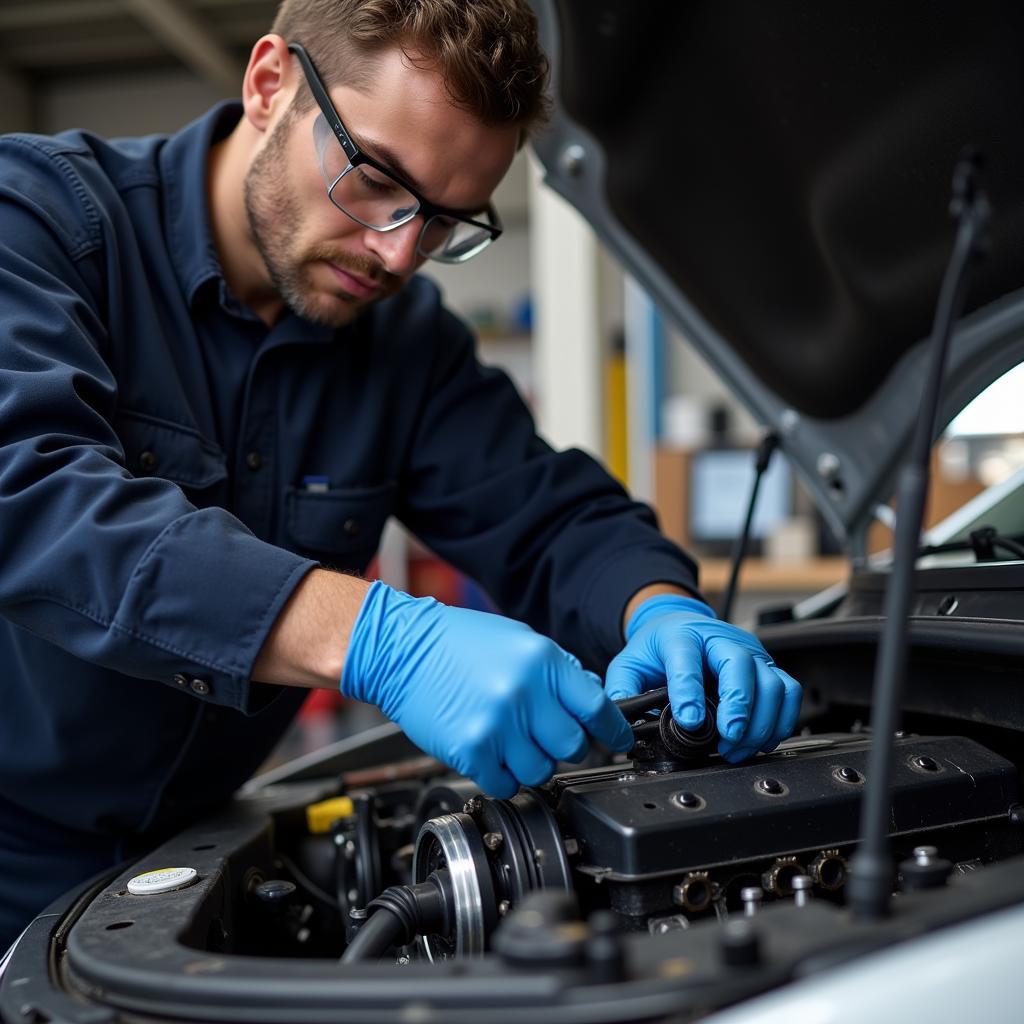 Mechanic wearing safety glasses and gloves while working on car repairs