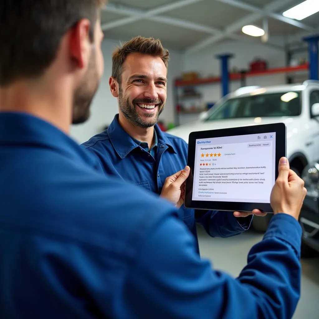 Mechanic showing a car repair service review on a digital tablet to a car owner.