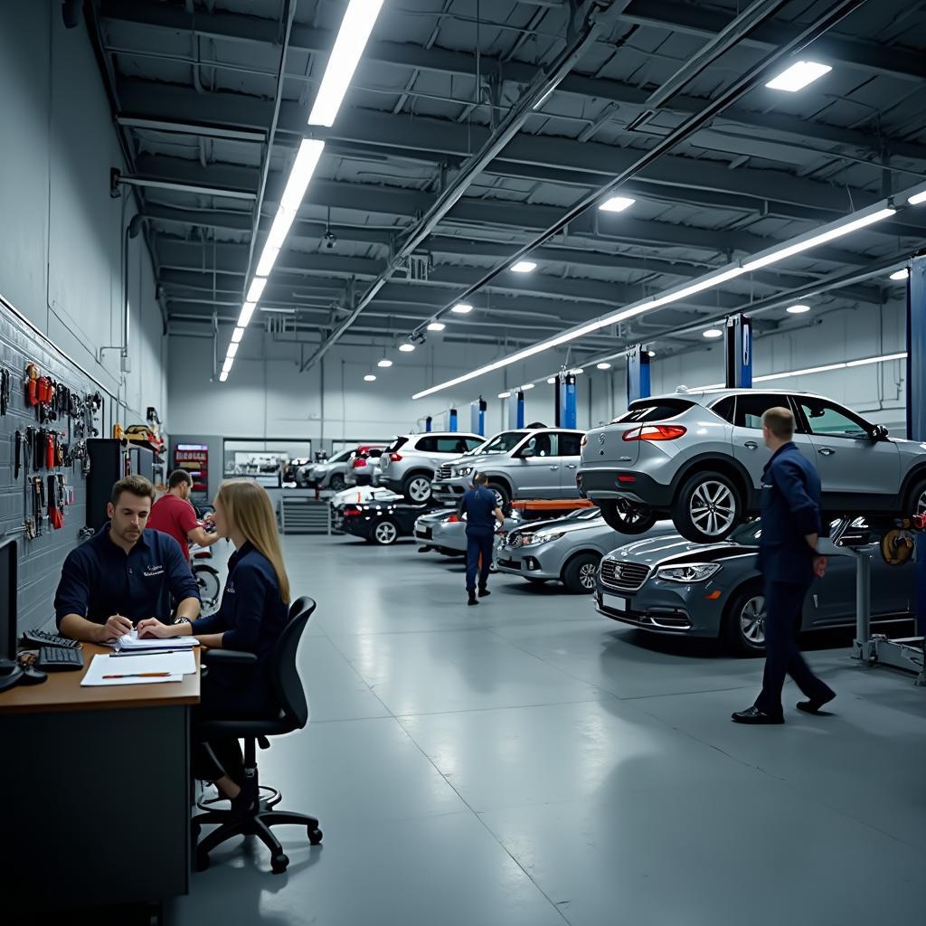 Modern car repair shop in 644-Lyubertsy with mechanics working on vehicles