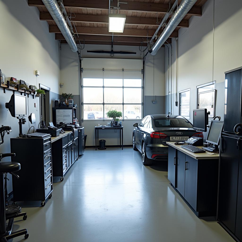 Modern car repair shop interior with tools and equipment