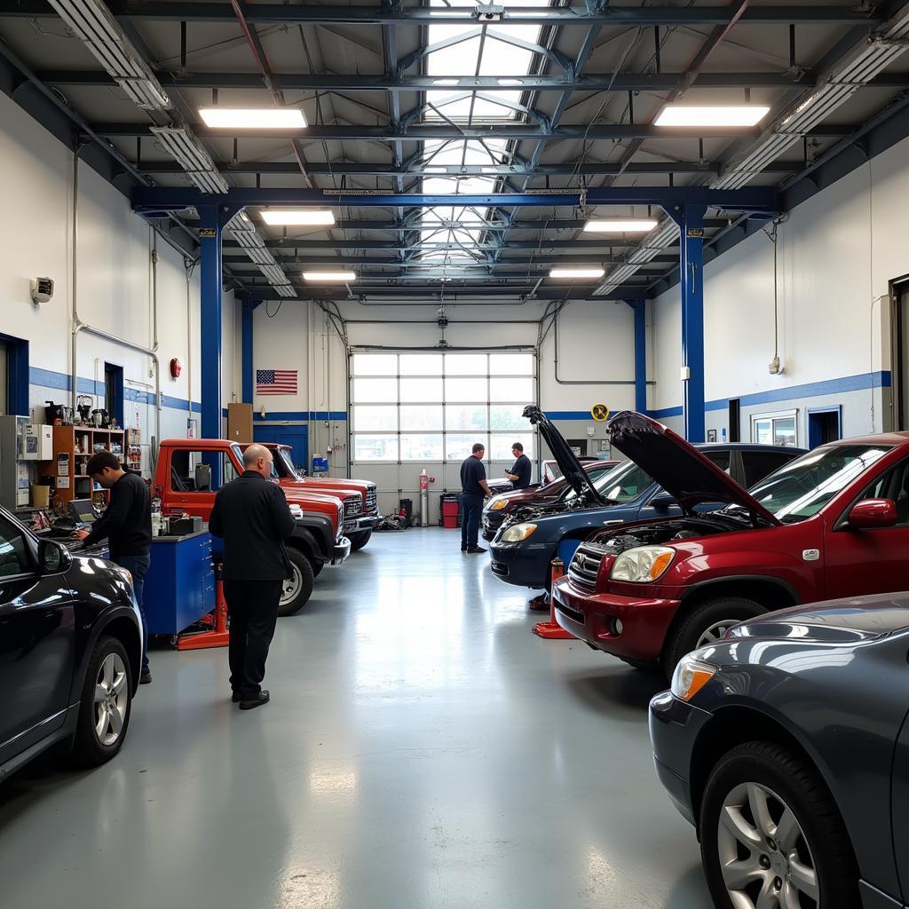 Modern car repair shop interior with mechanics working on vehicles