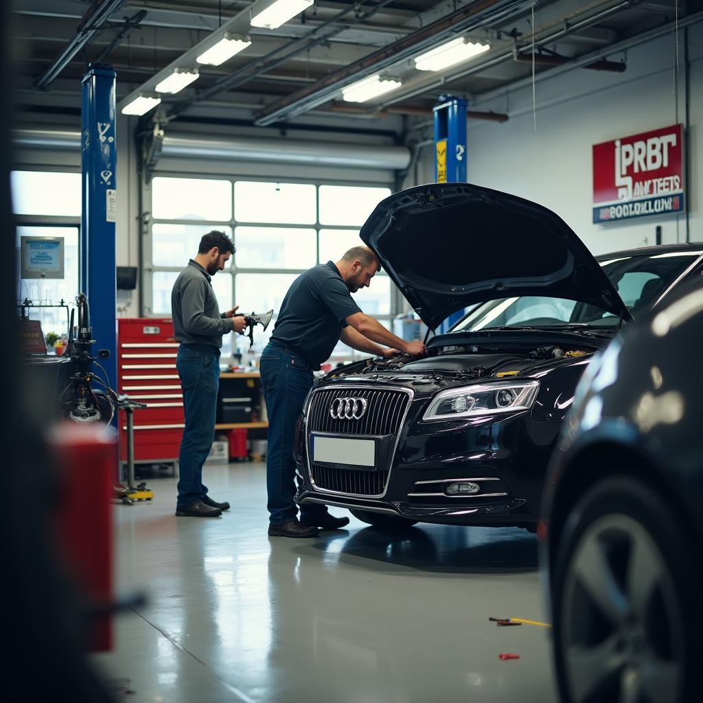 Car repair shop with a mechanic working on a vehicle