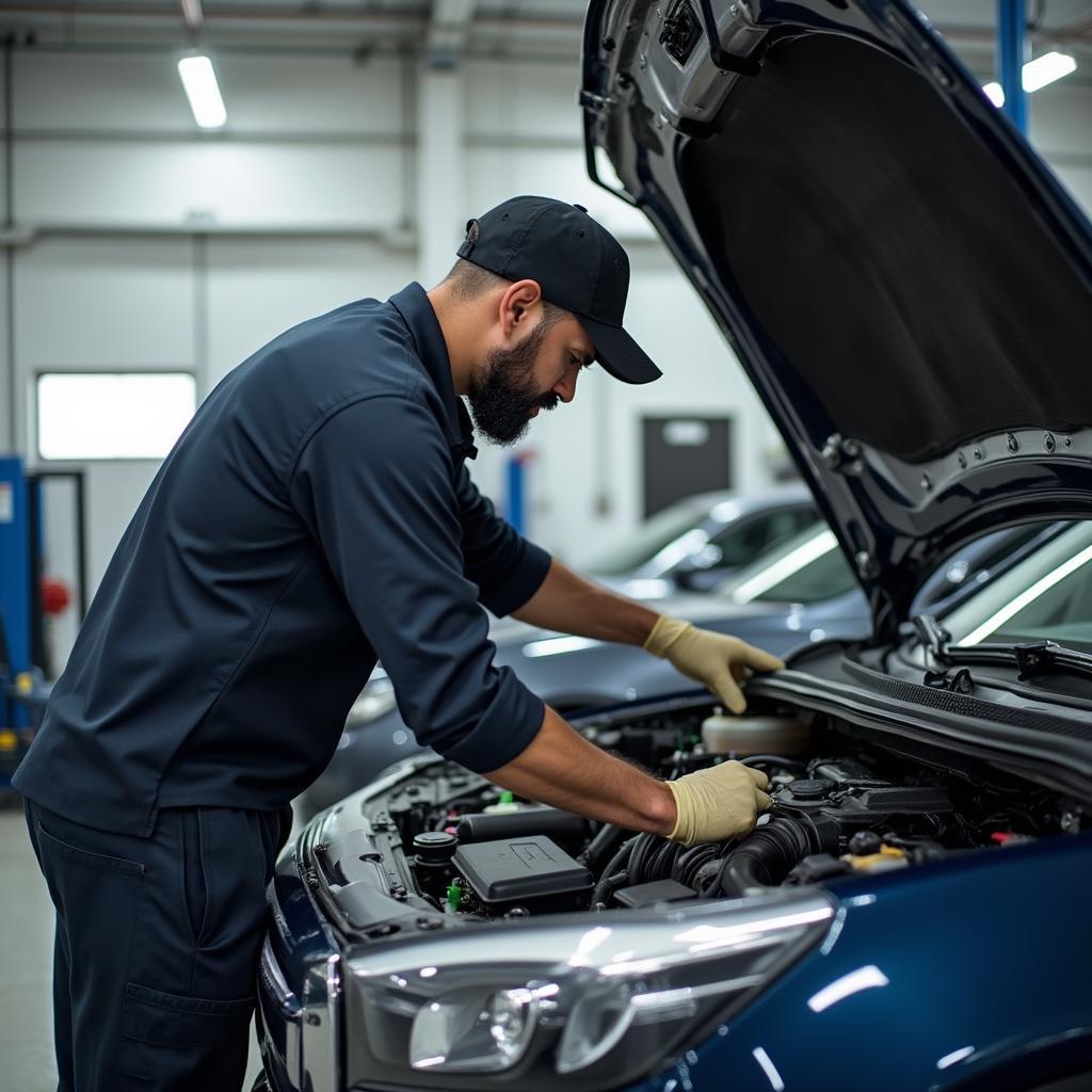 Mechanic working on a car in a repair shop