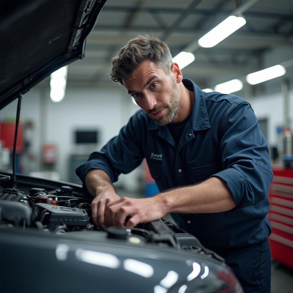 Mechanic working on a car in a repair shop