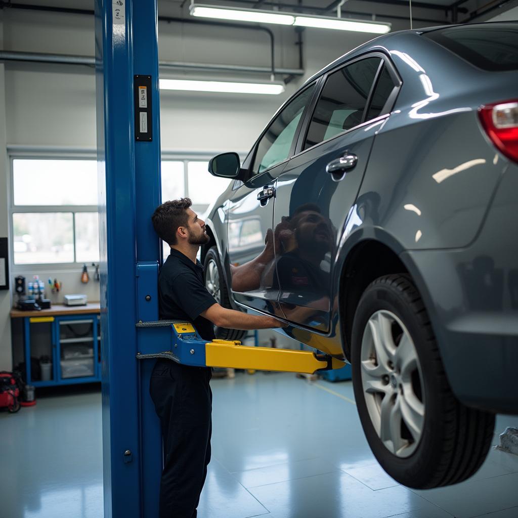 Car raised on a lift in a well-equipped repair shop, with a mechanic working underneath.