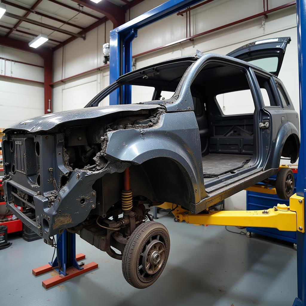 Car in repair workshop with frame damage