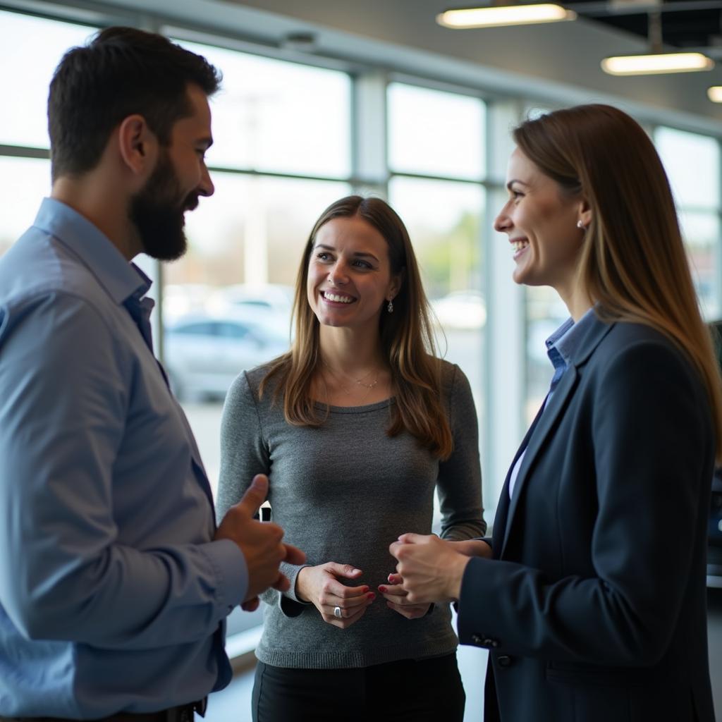 Friendly car salesperson assisting a couple in choosing a car