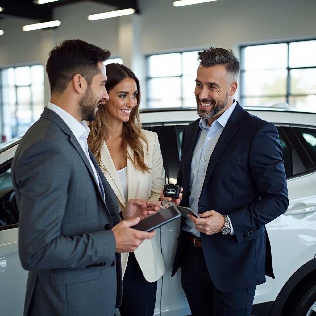 Car Salesperson Explaining Vehicle Features to a Couple