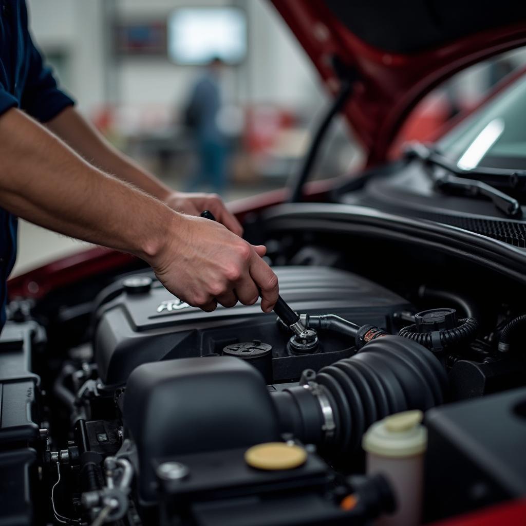 Close-up of a mechanic's hands inspecting a car engine