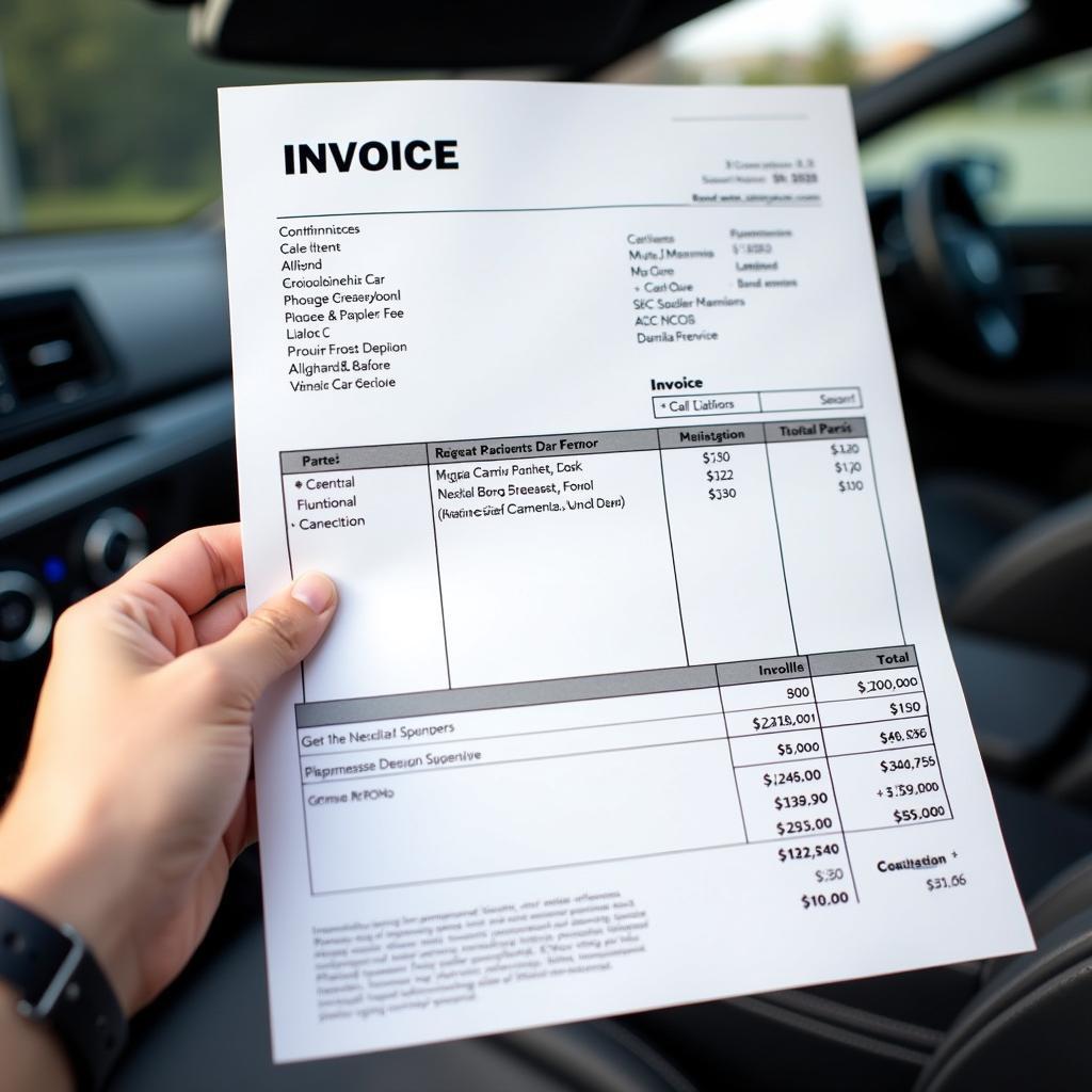 Close up of a car service invoice with detailed breakdown of costs.