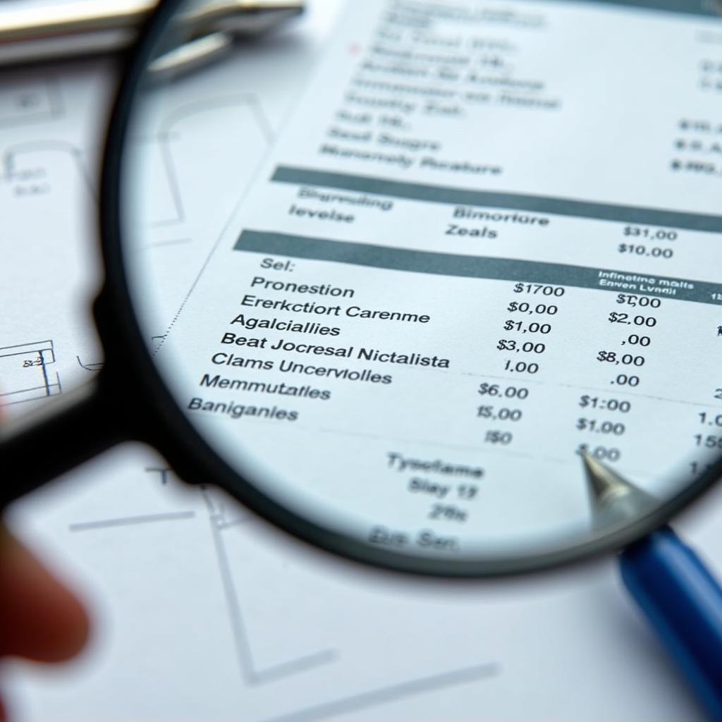 Car service invoice being examined with a magnifying glass