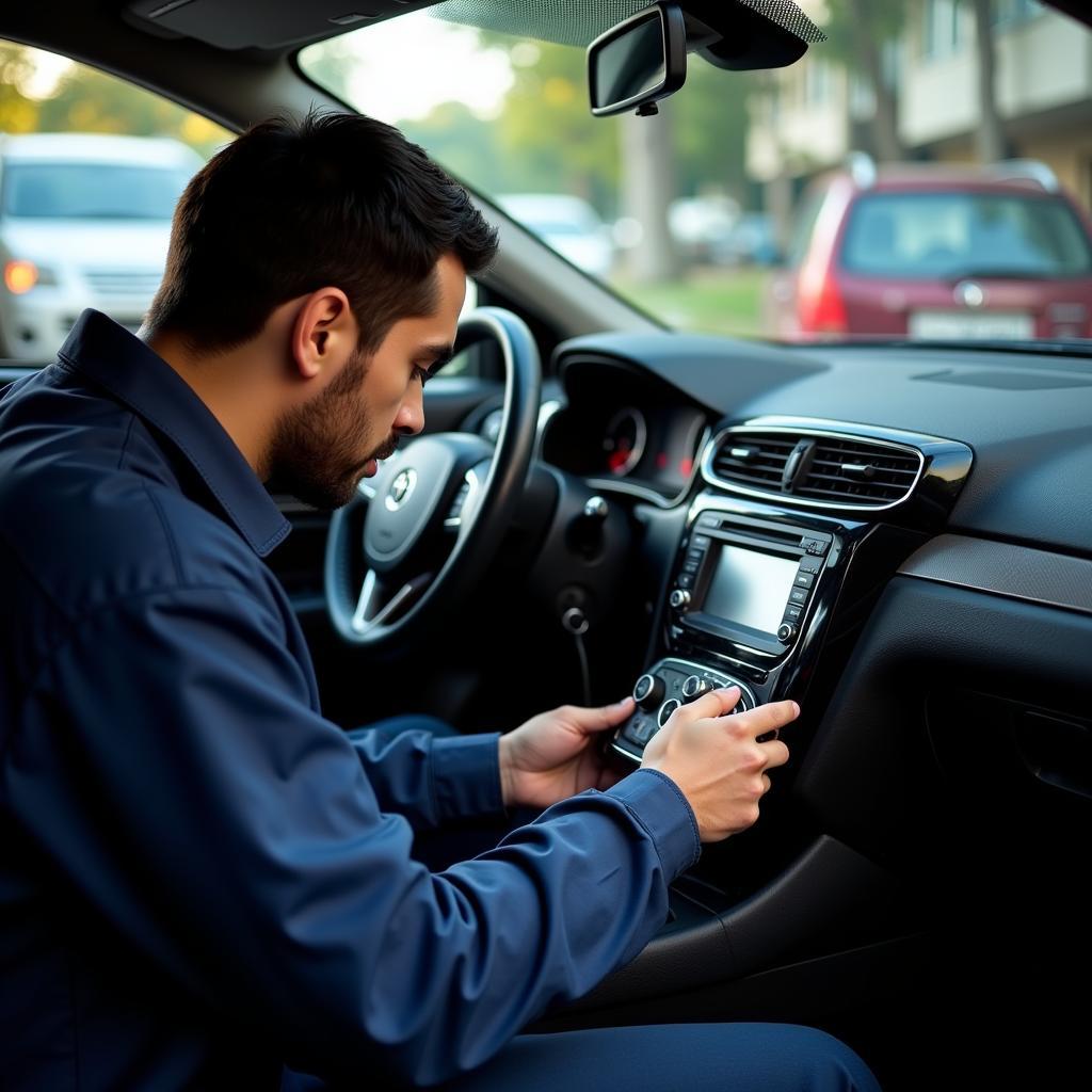 Technician inspecting a car stereo system for faults