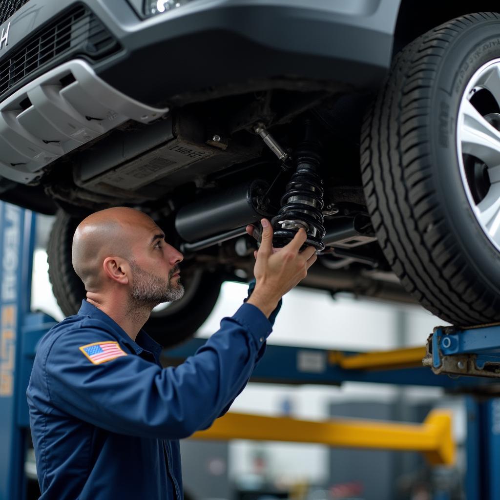 Mechanic Inspecting Car Suspension