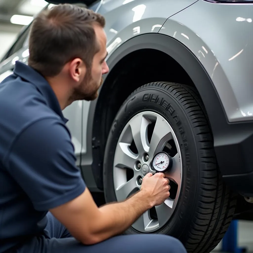 Mechanic checking car tire pressure with gauge