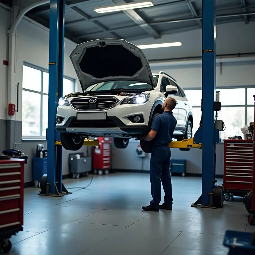 Car undergoing 30k service at auto shop