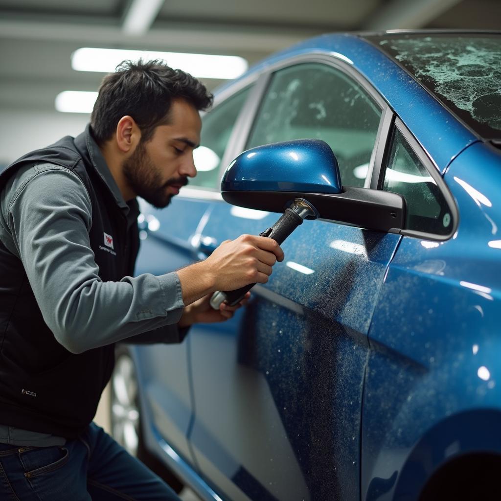 Car undergoing hail damage inspection