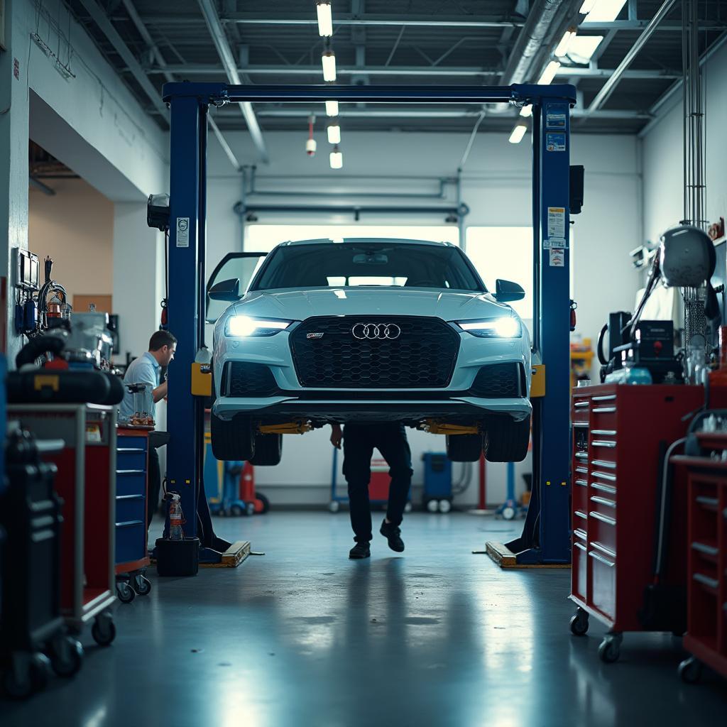 Car undergoing maintenance in a modern, well-equipped garage