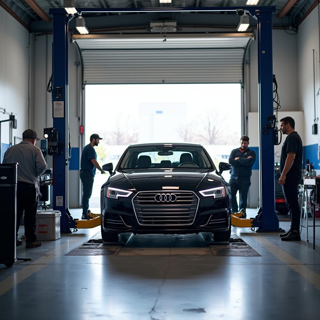 Skilled technicians working on a car in a well-equipped service bay