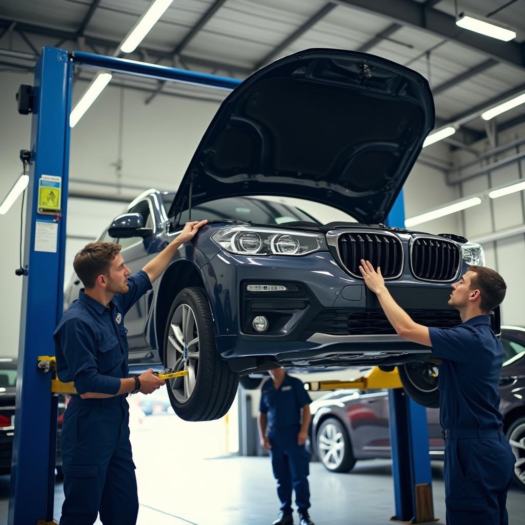 Car undergoing maintenance in shop