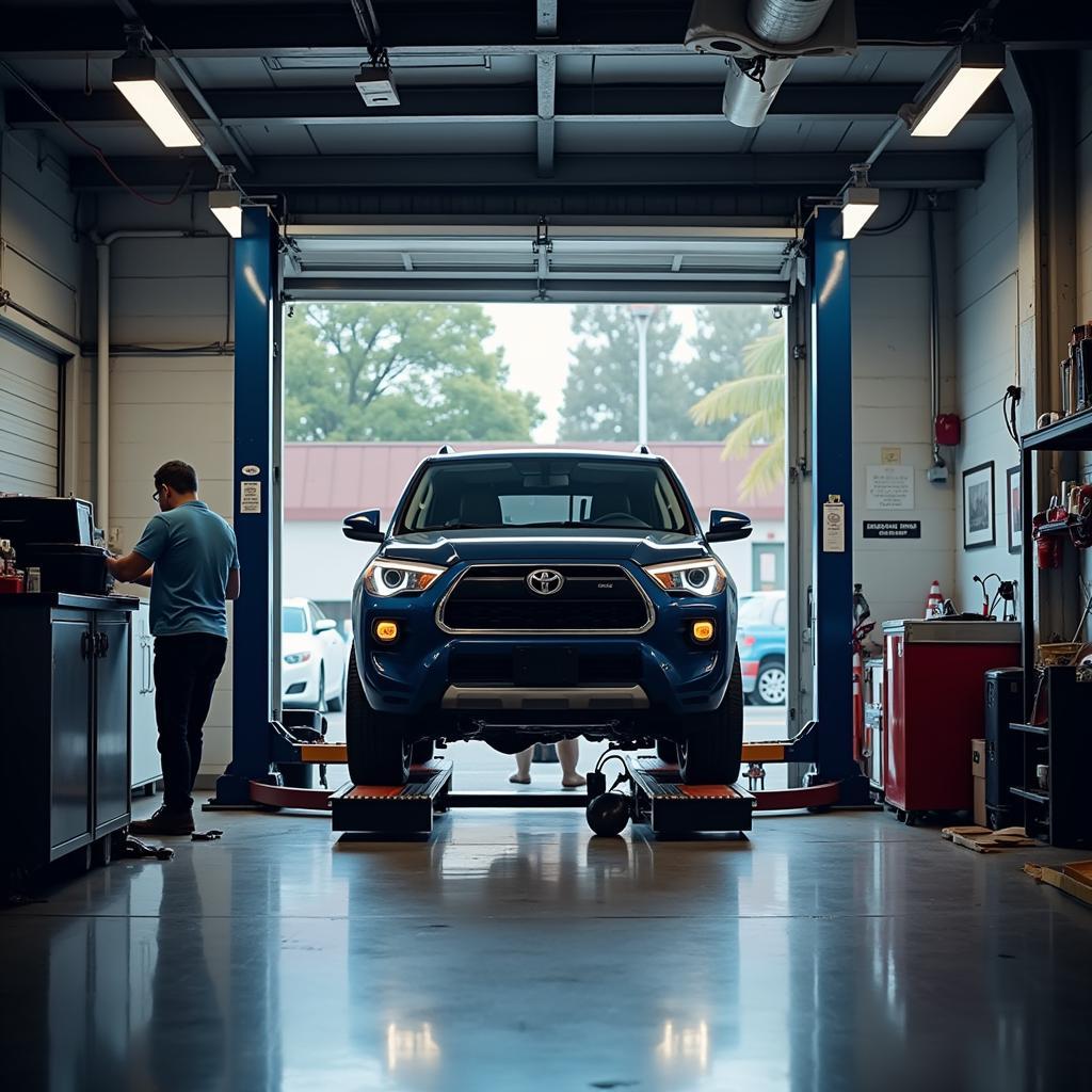 Car undergoing maintenance at an auto service shop on Olympic Blvd