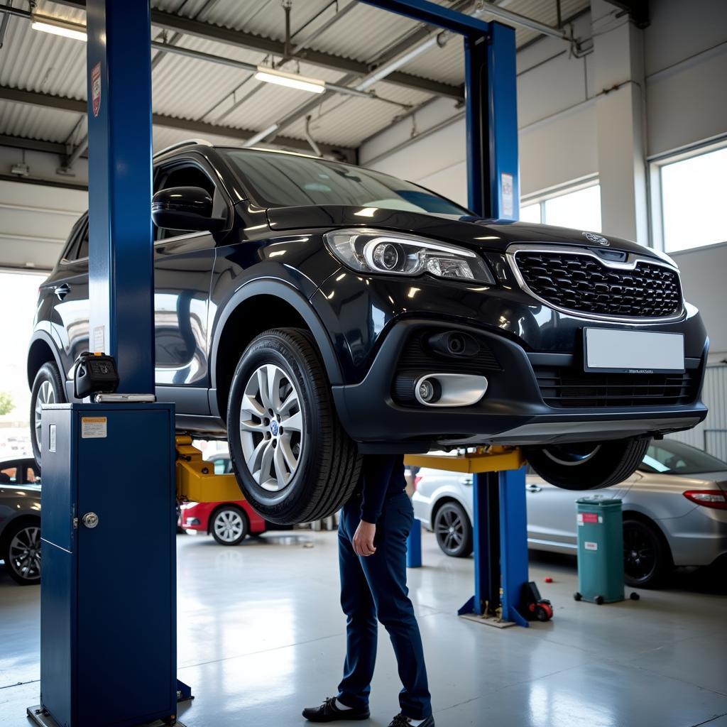 Car undergoing routine maintenance as part of all around auto service