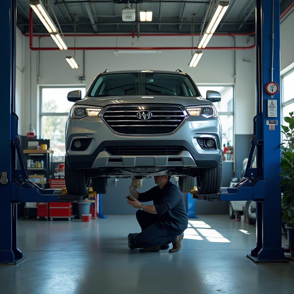 Car undergoing routine maintenance on a lift