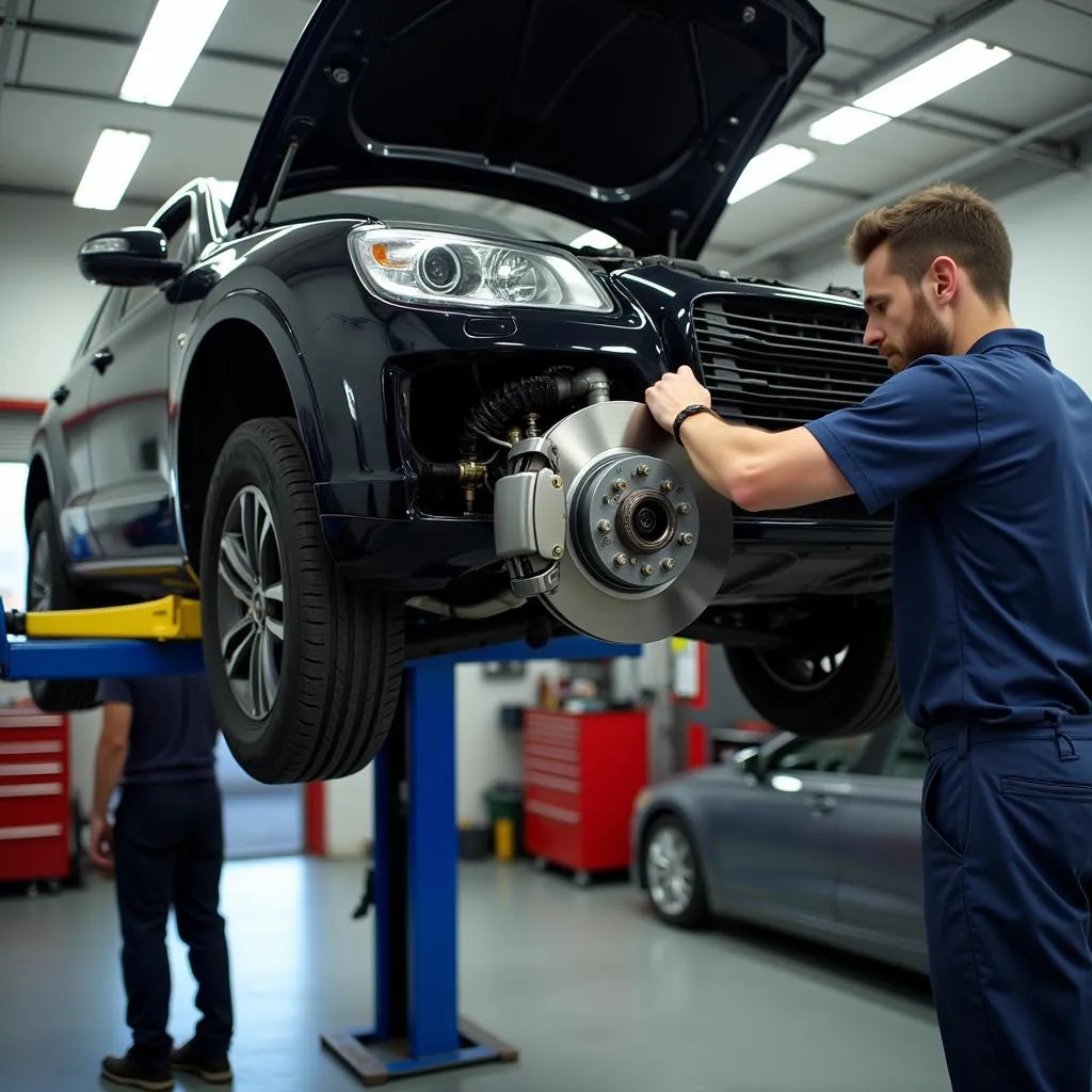 Car on lift for brake inspection