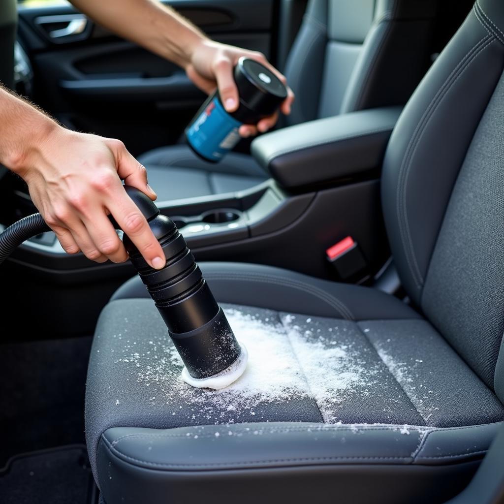 Close-up of car upholstery being cleaned at Shenanigan's Auto Parkville MD