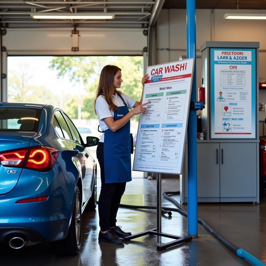 Car wash attendant explaining services to a customer