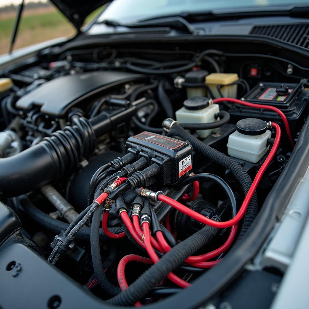 Close-up view of a car's engine compartment, focusing on the intricate wiring system