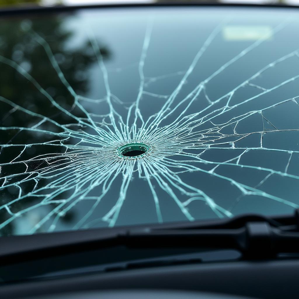 Close-up of a severely cracked windshield on a car