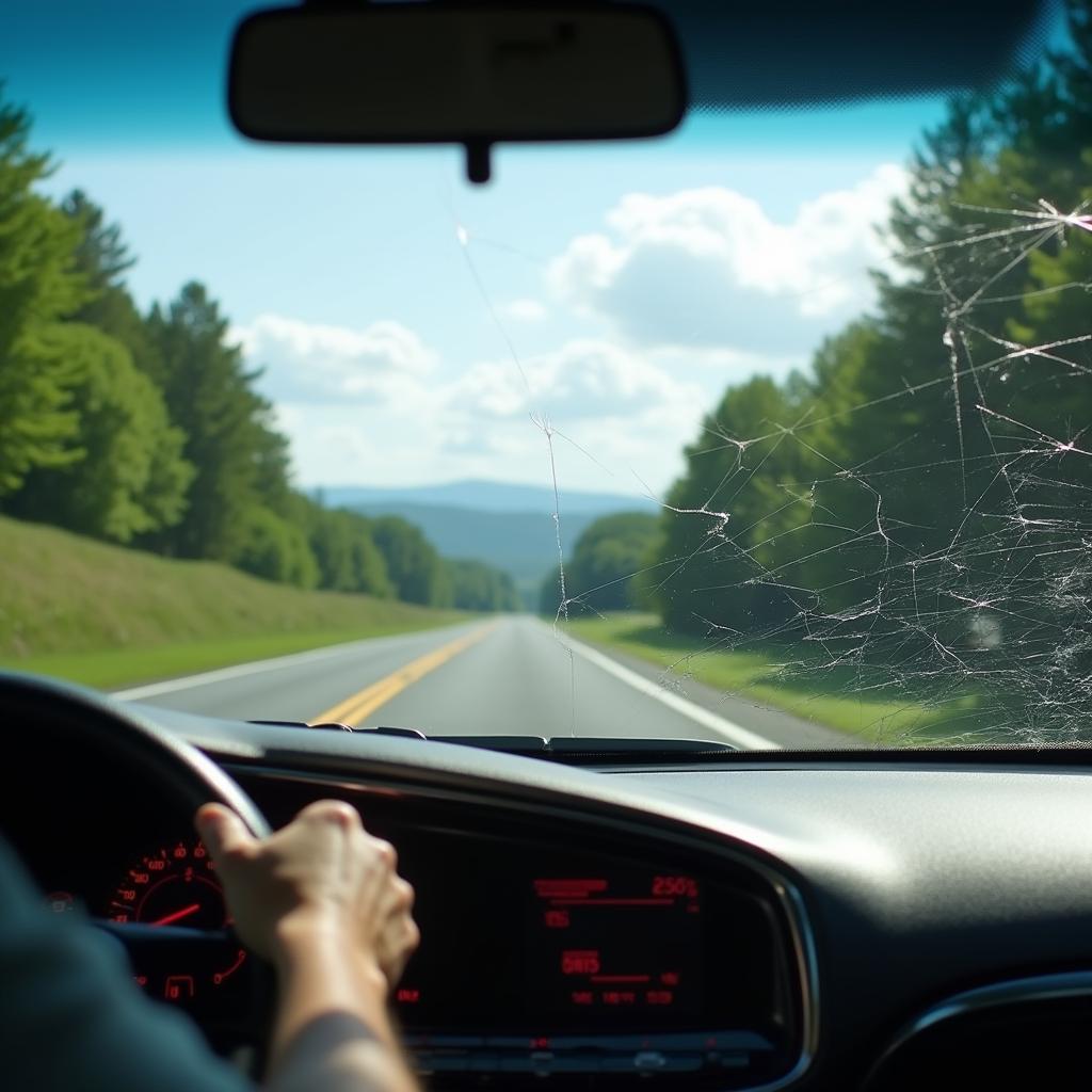 A car driving on a scenic road in Millers Tavern with a repaired windshield