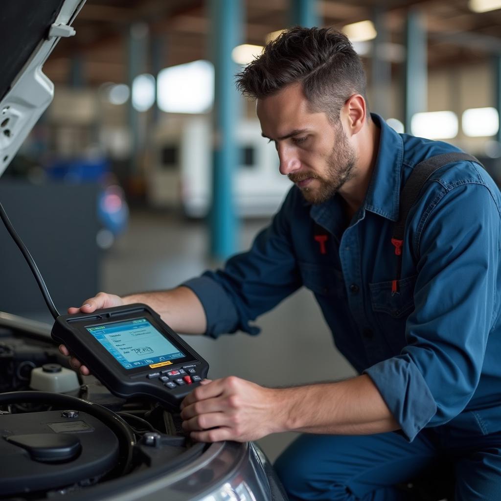 Mechanic using a diagnostic tool on a car in Castroville