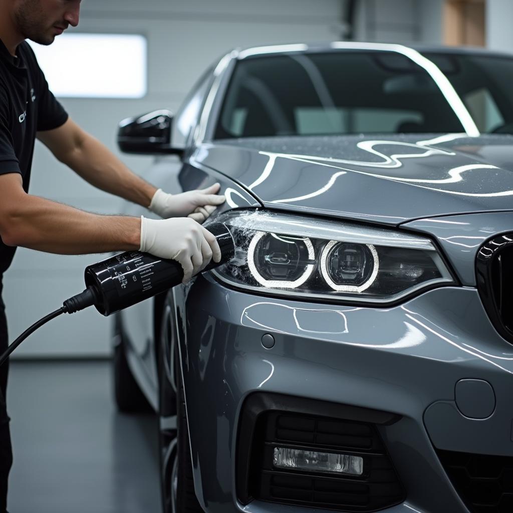 Applying ceramic coating to a car in a Las Vegas auto shop