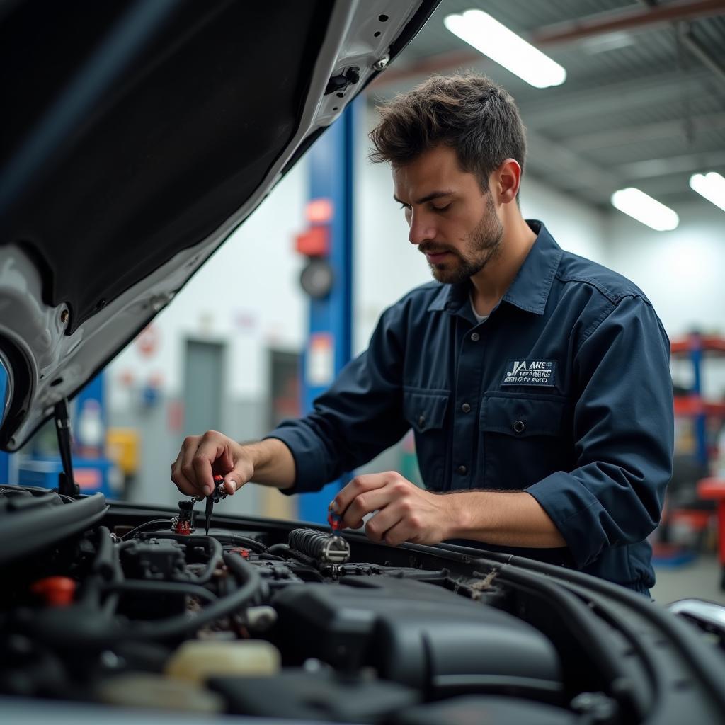 AHS certified auto mechanic working under the hood of a car