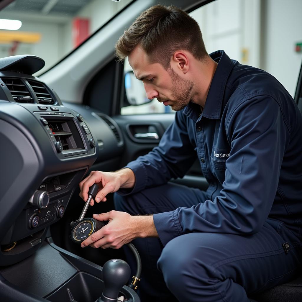 Certified Auto AC Technician Performing Maintenance