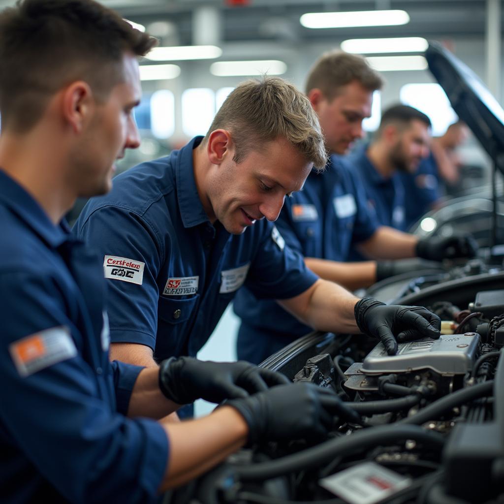 Certified auto body repair technicians working on a car