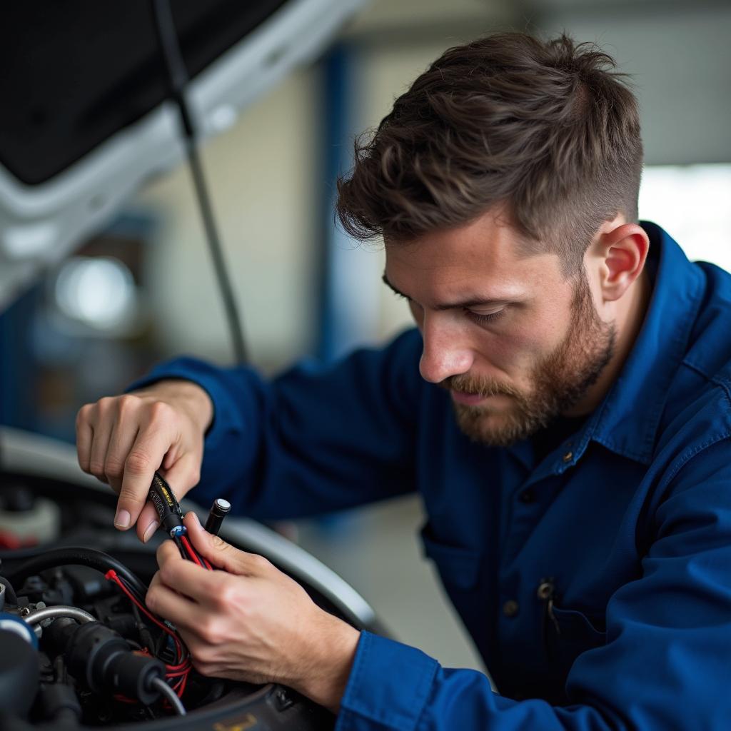 Certified Auto Electrician Working on Car Wiring