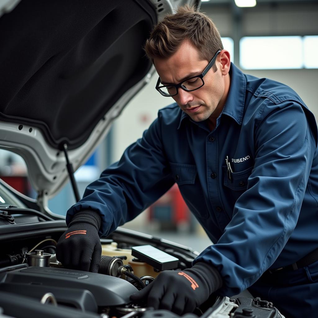 A certified auto mechanic working on a car engine