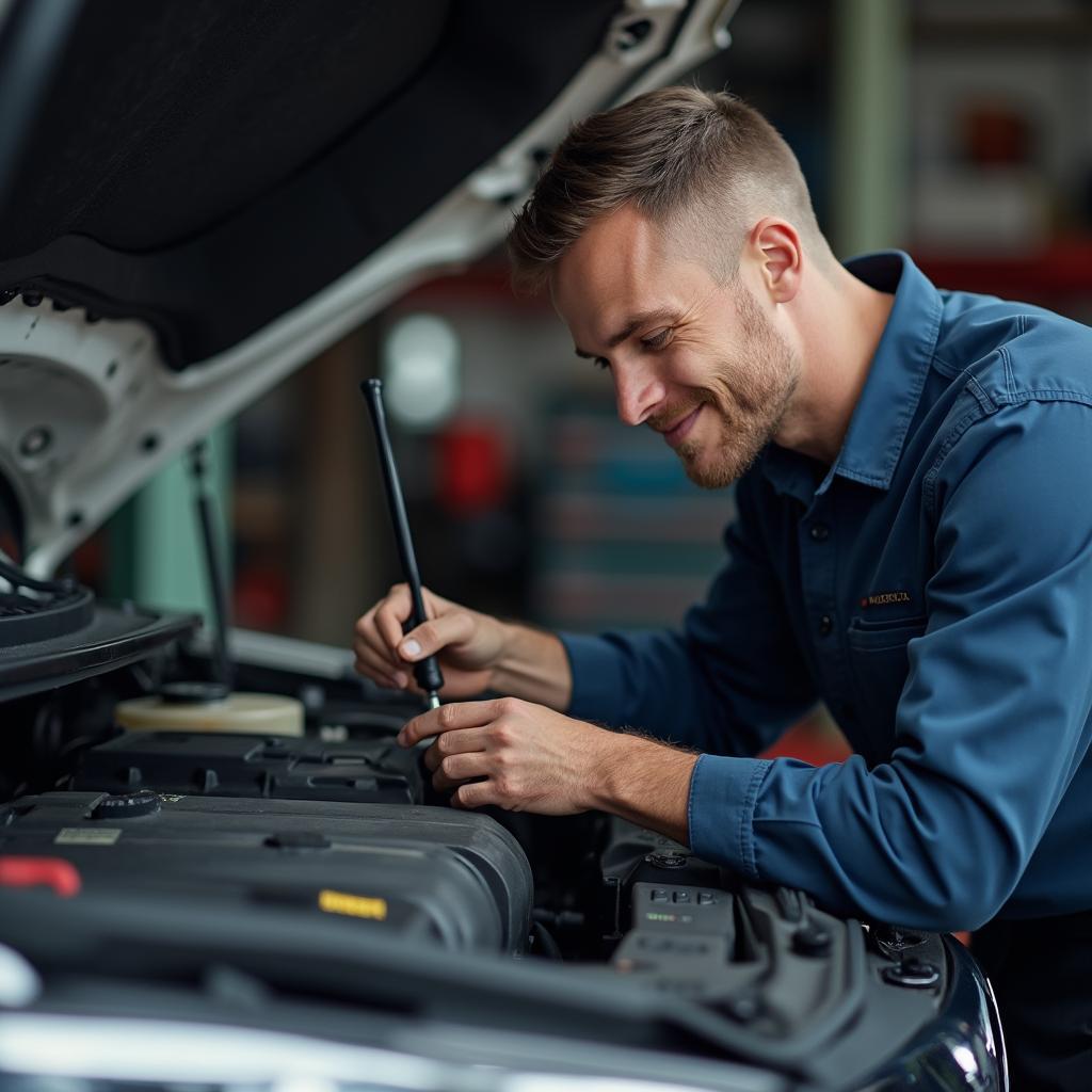 ASE certified mechanic working under the hood of a car