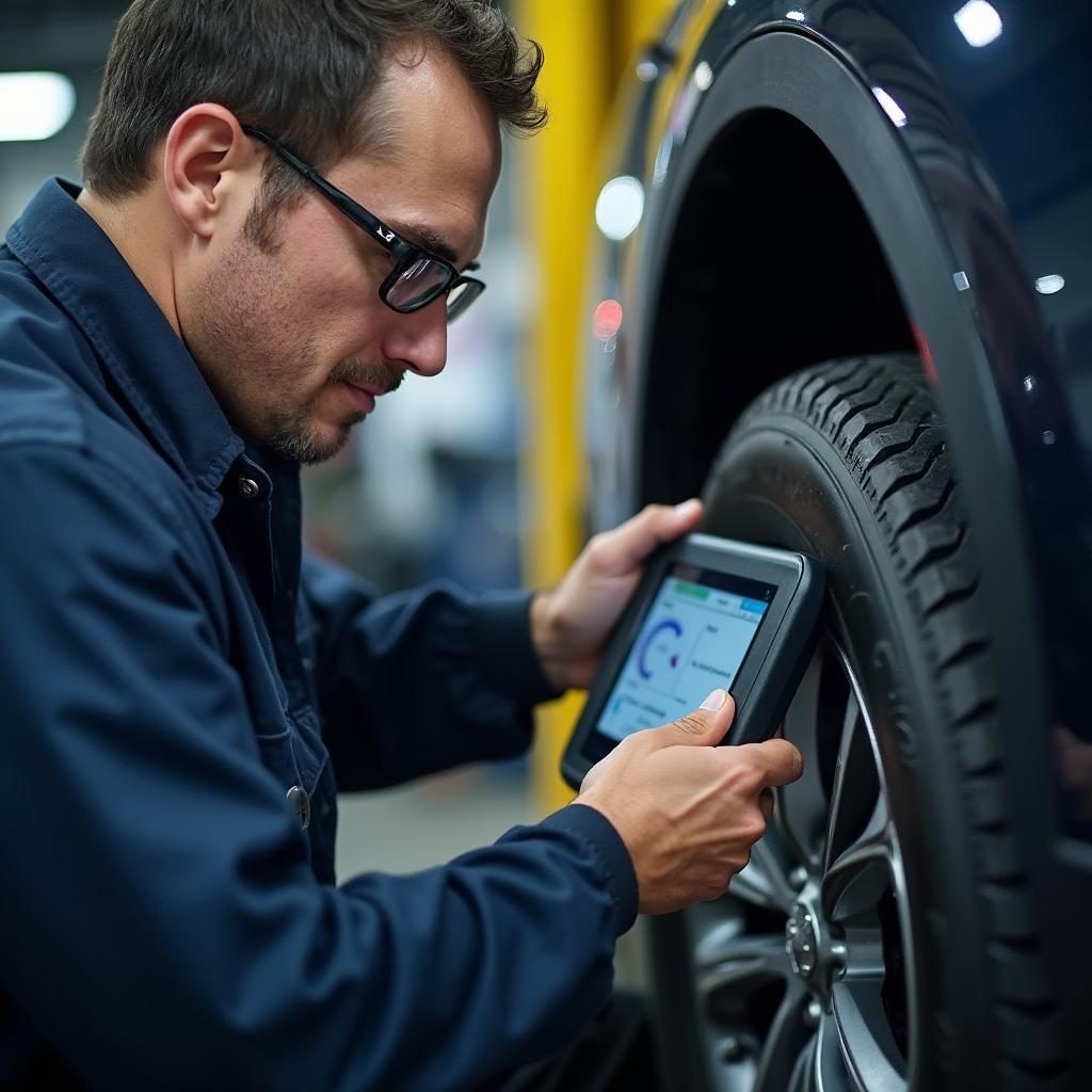 Certified auto mechanic using a diagnostic tool on a car