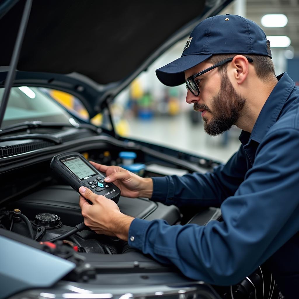 Certified Auto Mechanic Using Diagnostic Tool