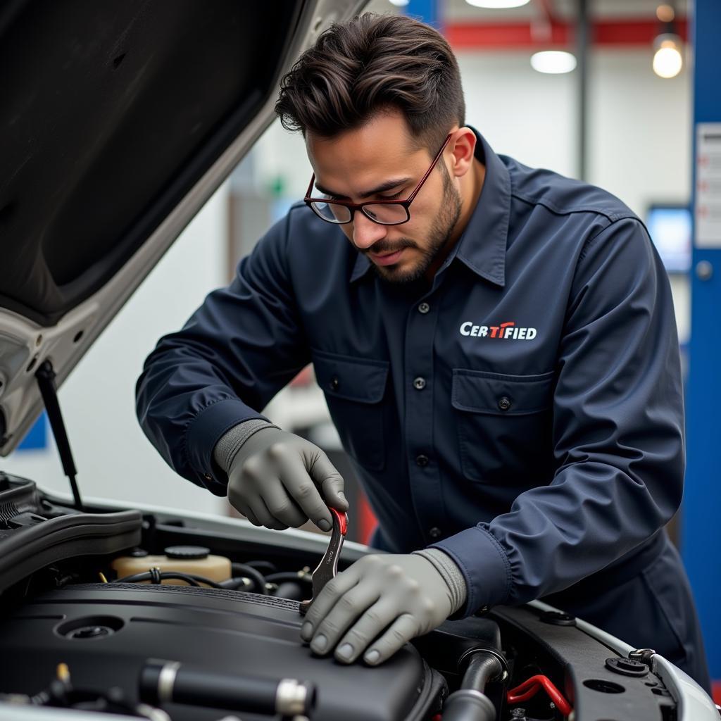 Certified Auto Mechanic Working on a Car