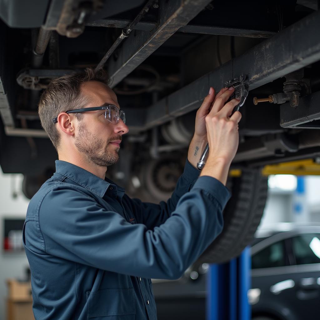 Certified Auto Mechanic Working Under a Car