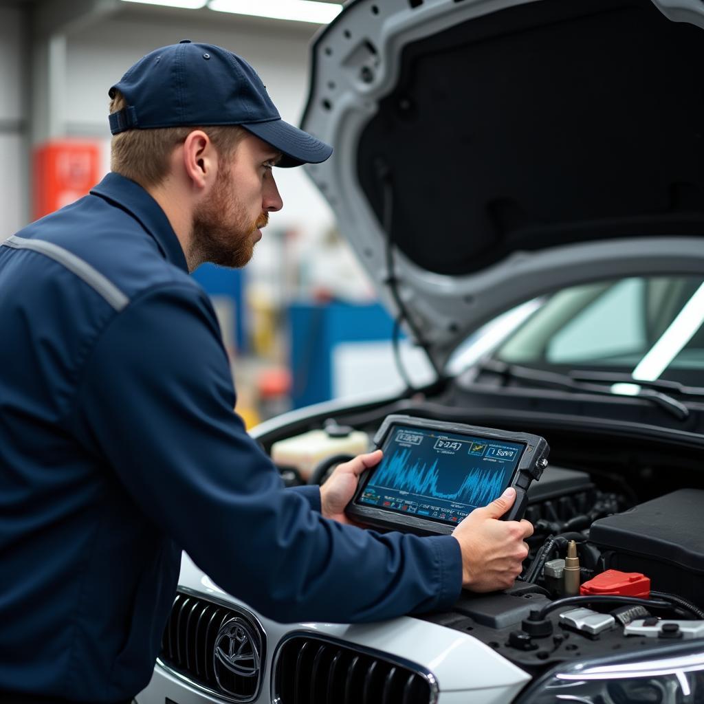 Certified Auto Technician Diagnosing Car Problem