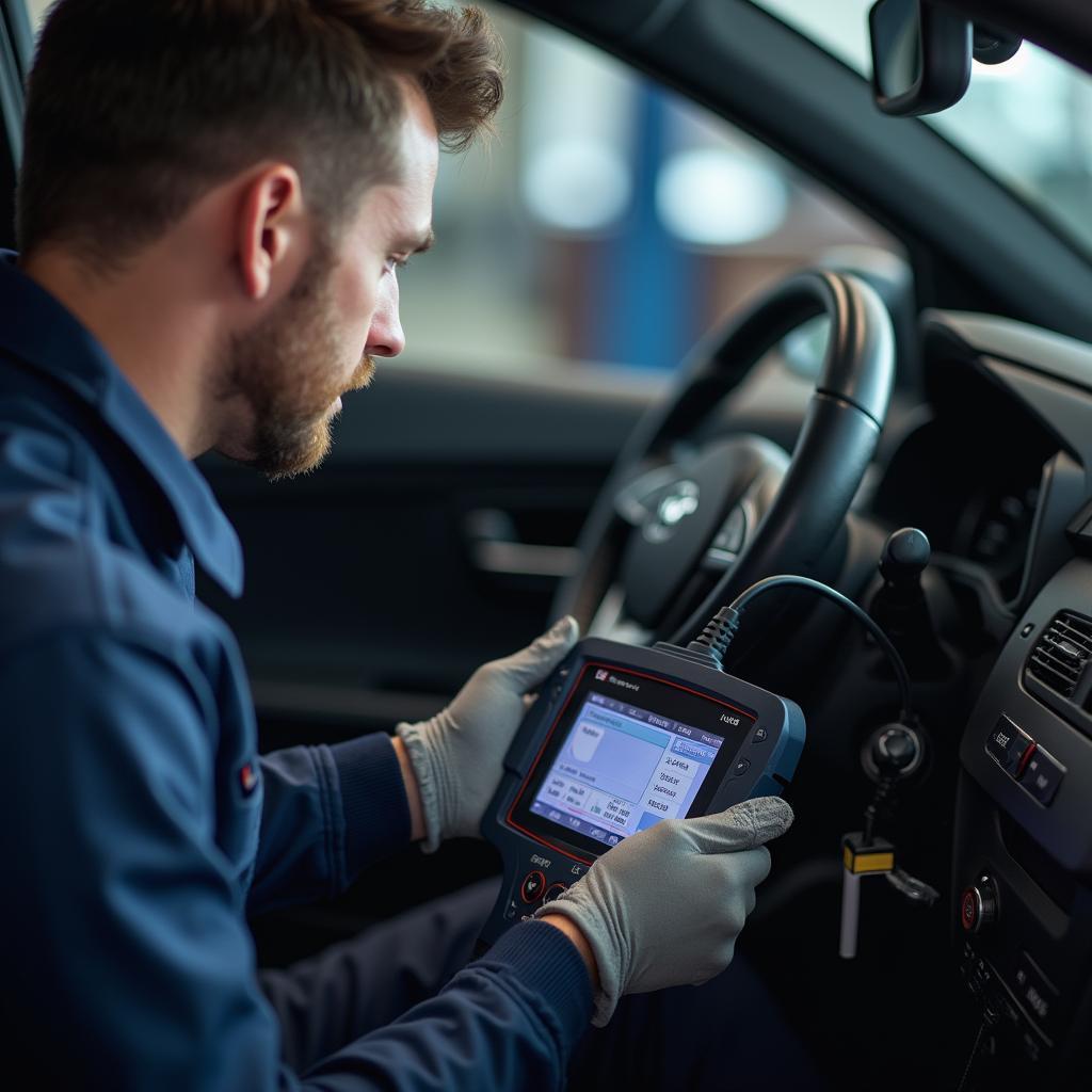 Certified auto technician performing engine diagnostics on a car