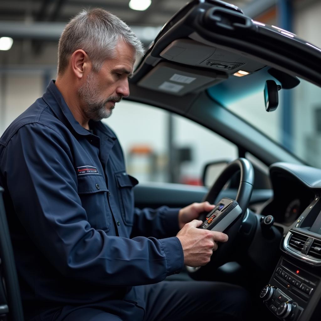 Certified auto technician using a diagnostic tool to identify a car problem