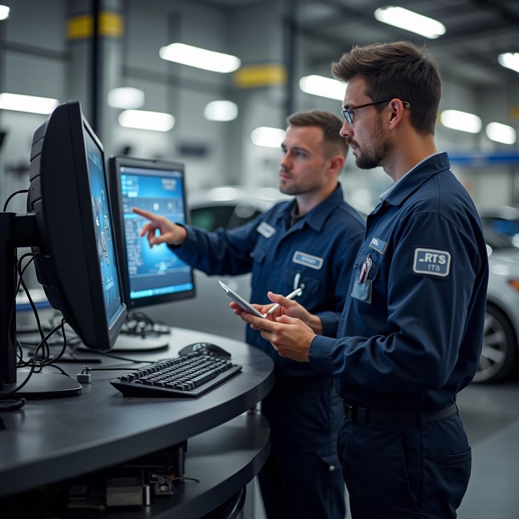 Two auto technicians reviewing a car's diagnostics