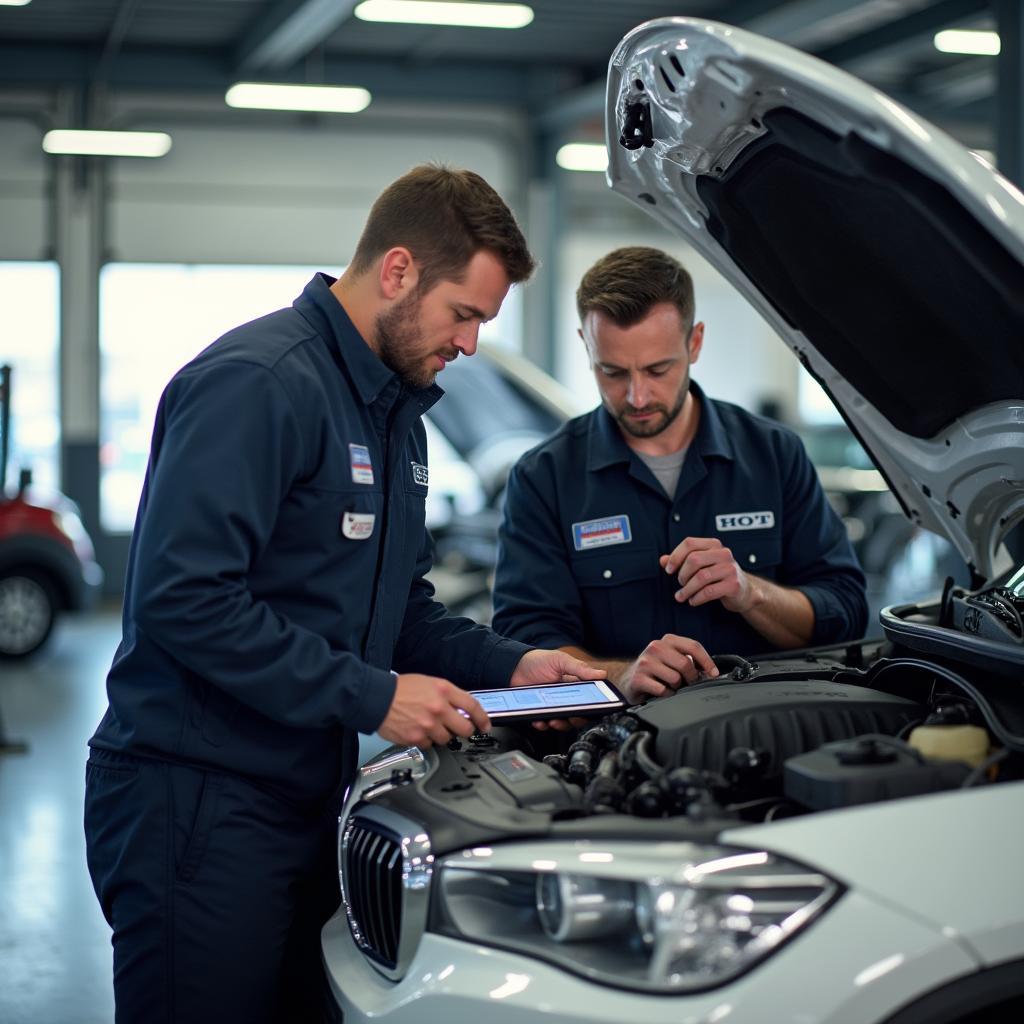 Two certified auto technicians collaborating on a vehicle diagnosis using a digital tablet in a modern repair bay